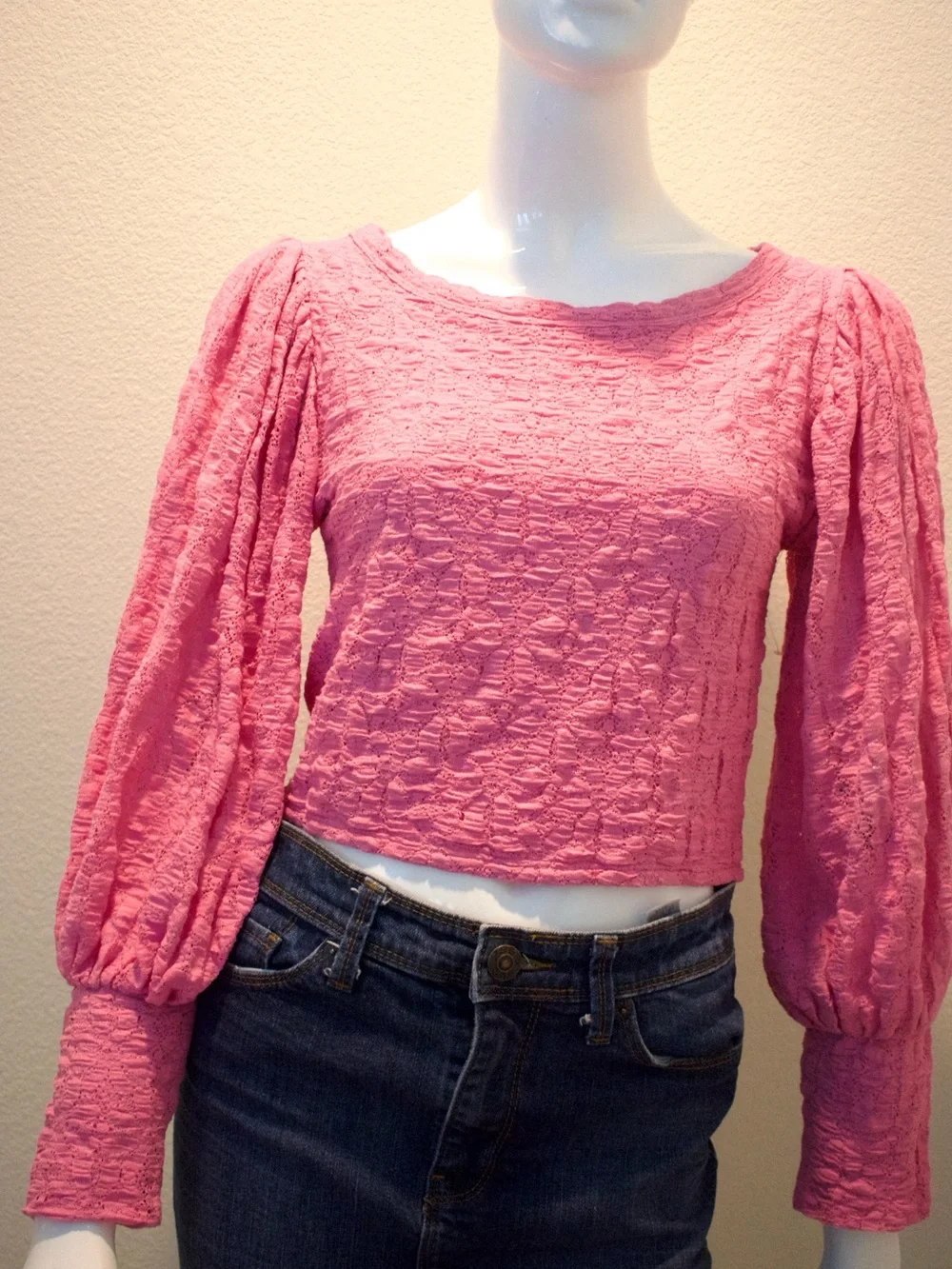 Free People Pink Textured Puff-Sleeve Top